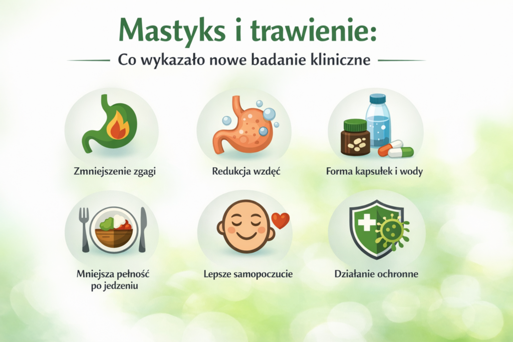 Infografika z tytułem ‚Mastyks i trawienie: Co wykazało nowe badanie kliniczne‘. Sześć okrągłych ikon przedstawia korzyści mastyksu dla trawienia: zmniejszenie zgagi, redukcja wzdęć, forma kapsułek i wody, mniejsze uczucie pełności po jedzeniu, lepsze samopoczucie i działanie ochronne, wszystko na delikatnym zielono-białym tle gradientowym.