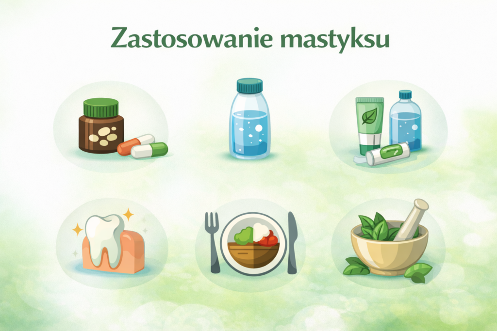 Infografika z tytułem ‘Zastosowanie mastyksu’ z piktogramami przedstawiającymi kapsułki, pastę do zębów, zęby, wodę, jedzenie i liście mastyksu, na zielono-białym tle, minimalistyczny design.